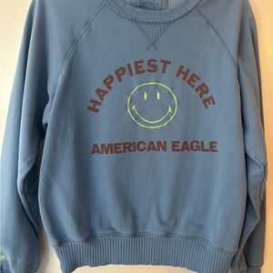 American Eagle Outfitters Blue Hoodie with Brown and Yellow Design